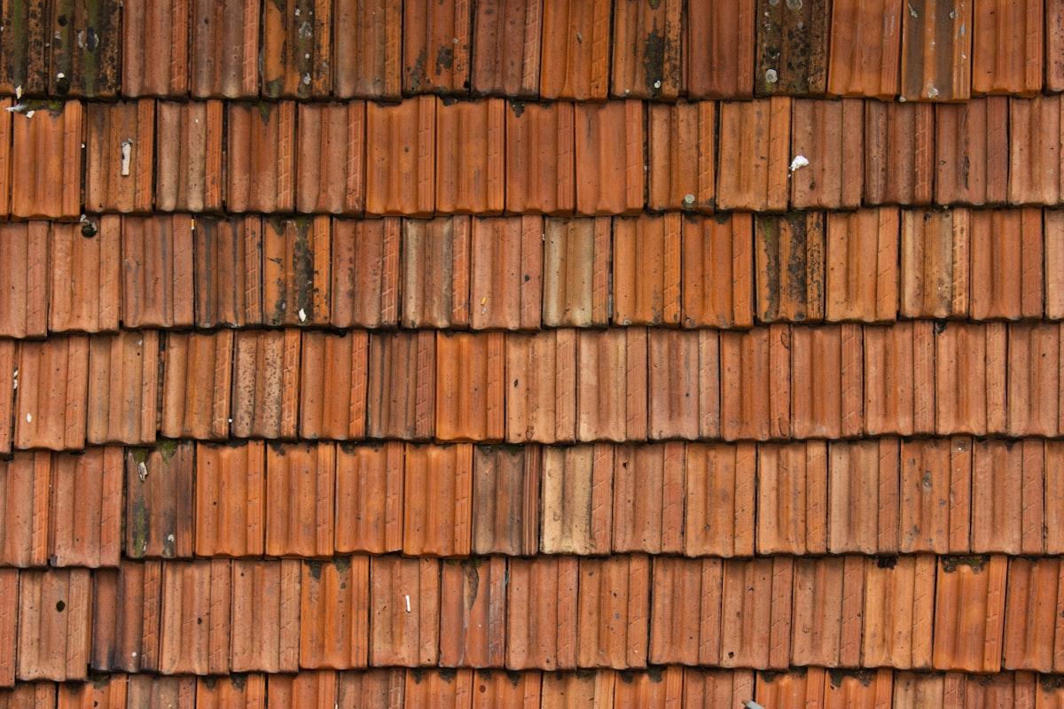 Close-up of weathered roof tiles showing wear and moss